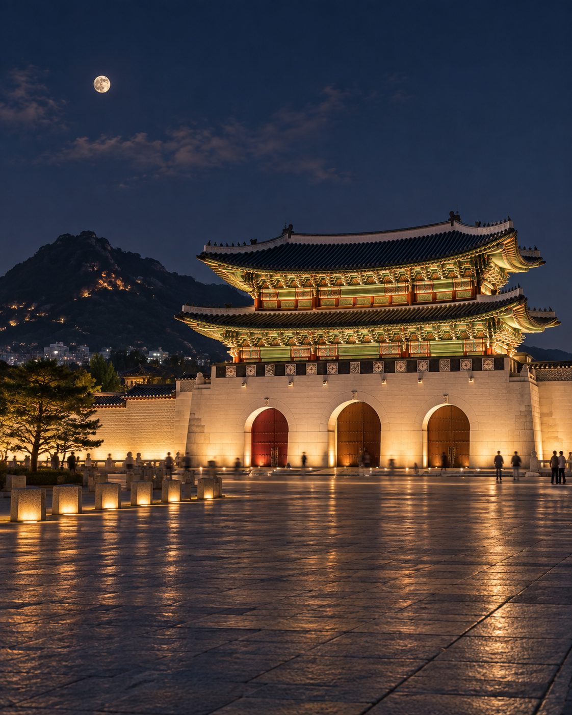 Gwanghwamun Gate illuminated at night in Seoul